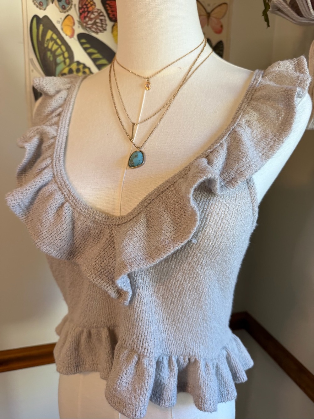 Cream Textured Knit Top with Ruffle Trim - urban outfitters size large
